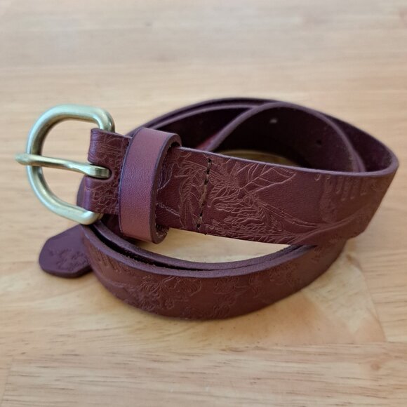 Gap Genuine Leather Tooled Floral Belt Boho/Vintage Style Size S Brass Buckle - Picture 1 of 7